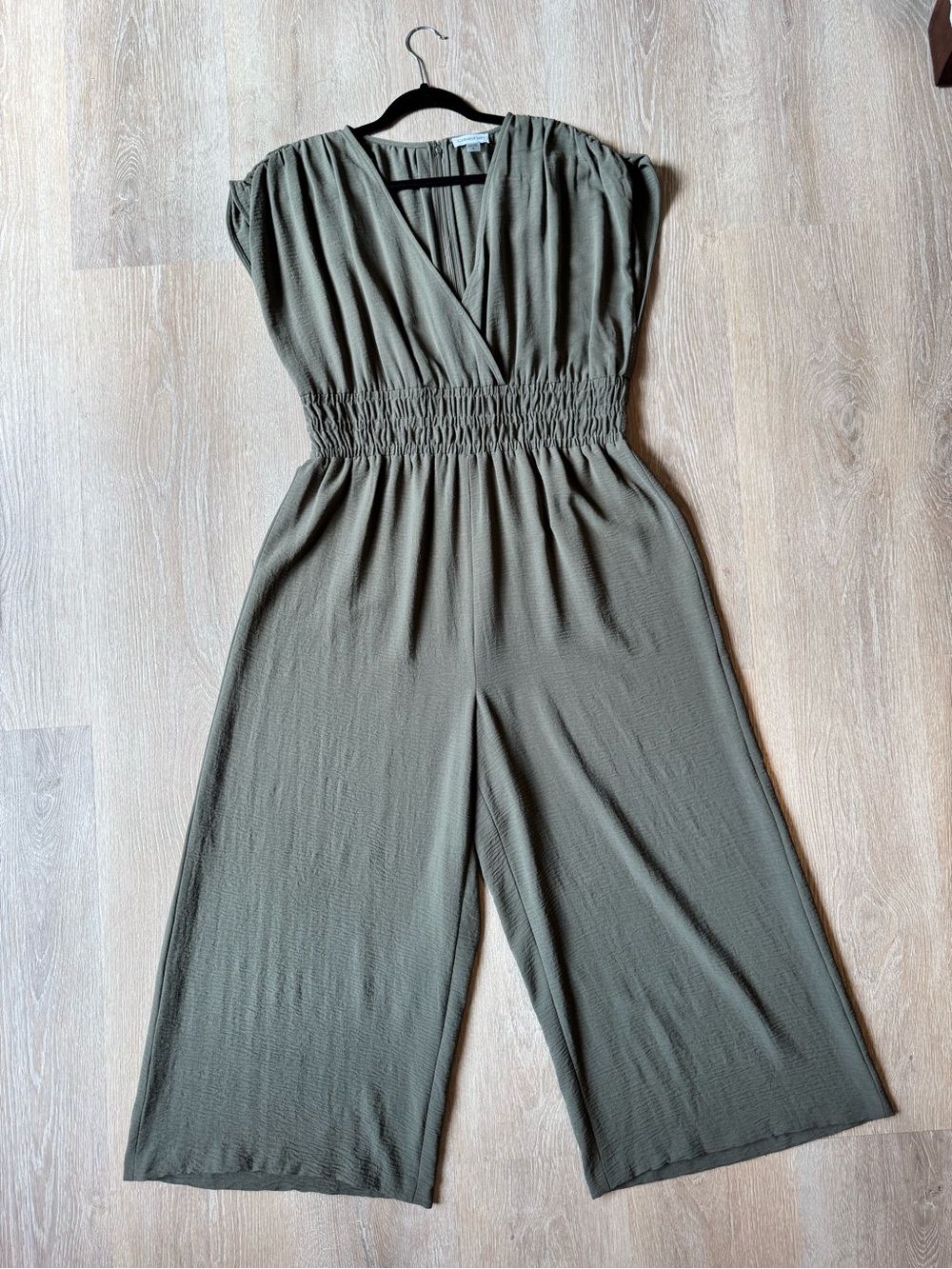 Calvin Klein Olive Green Smocked-Waist Wide-Leg Jumpsuit